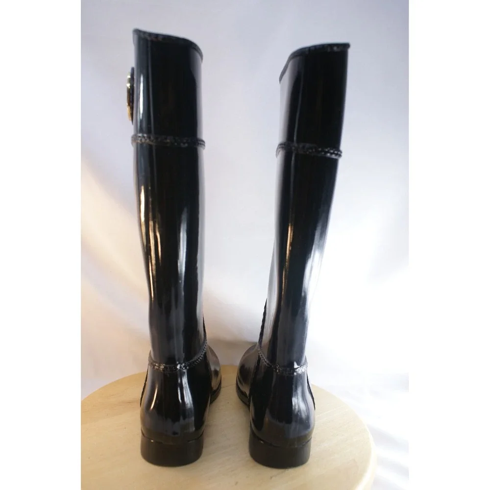 Michael Kors Fulton Black Rubber Rain Boots Gold MK Logo Medallion Womens 7